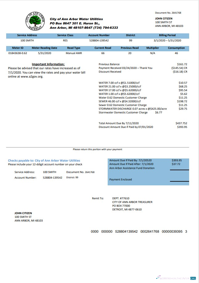 download USA Michigan City of Ann Arbor Water Utilities bill template in Word and PDF format PDF template